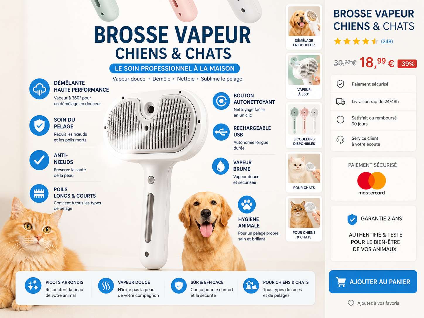 Brosse Vapeur Anti-Poils™ pour Chiens & Chats