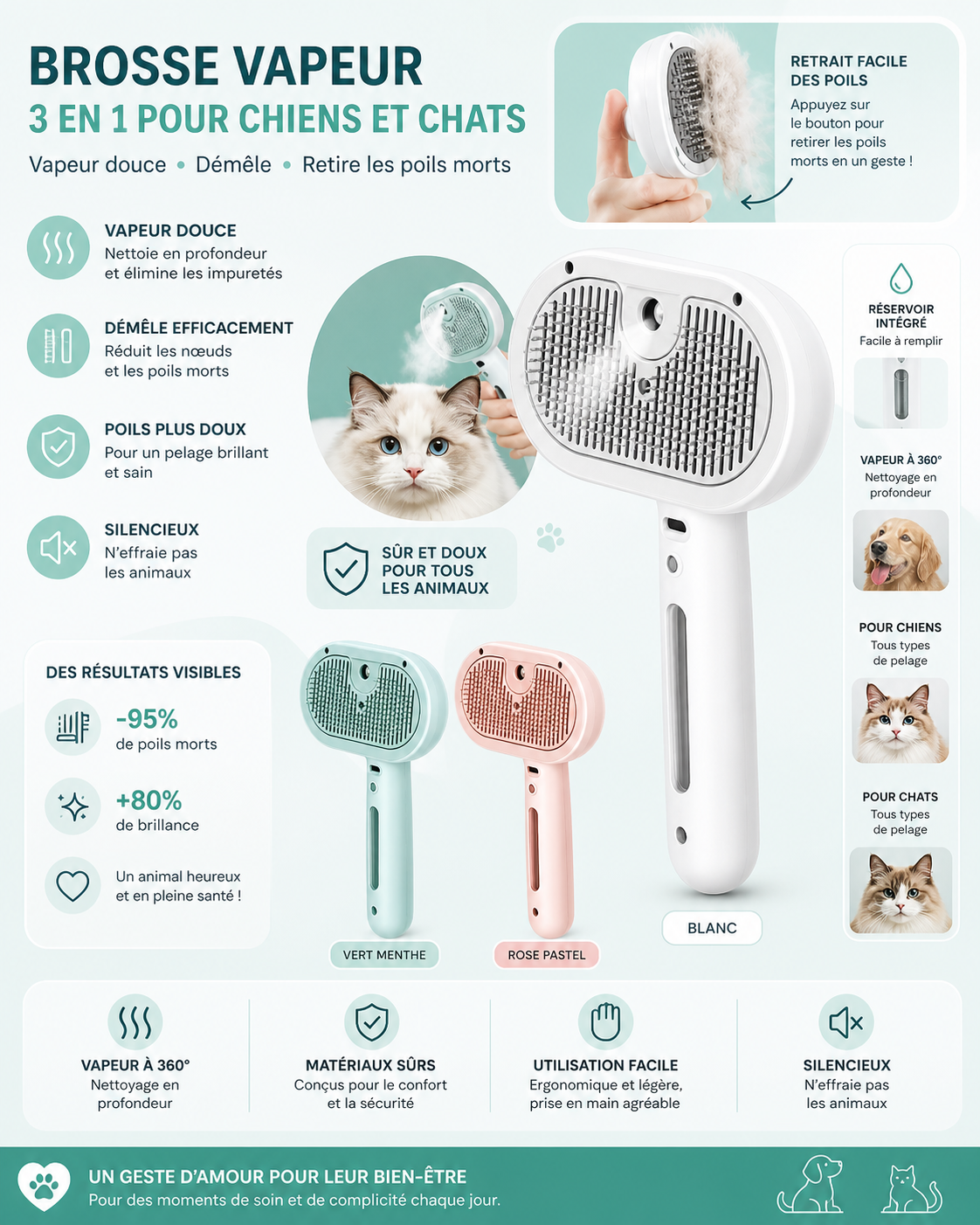 Brosse Vapeur Anti-Poils™ pour Chiens & Chats