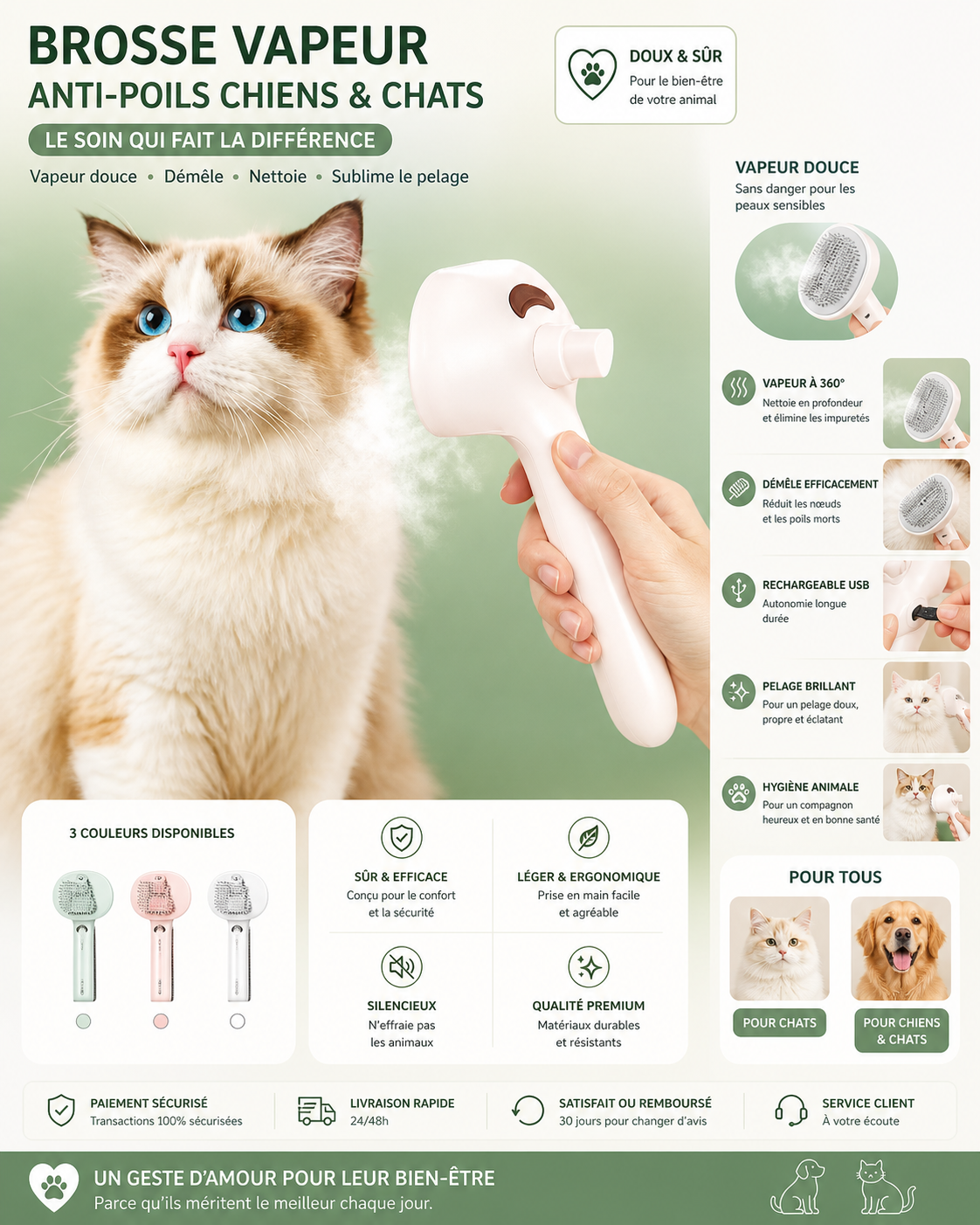 Brosse Vapeur Anti-Poils™ pour Chiens & Chats