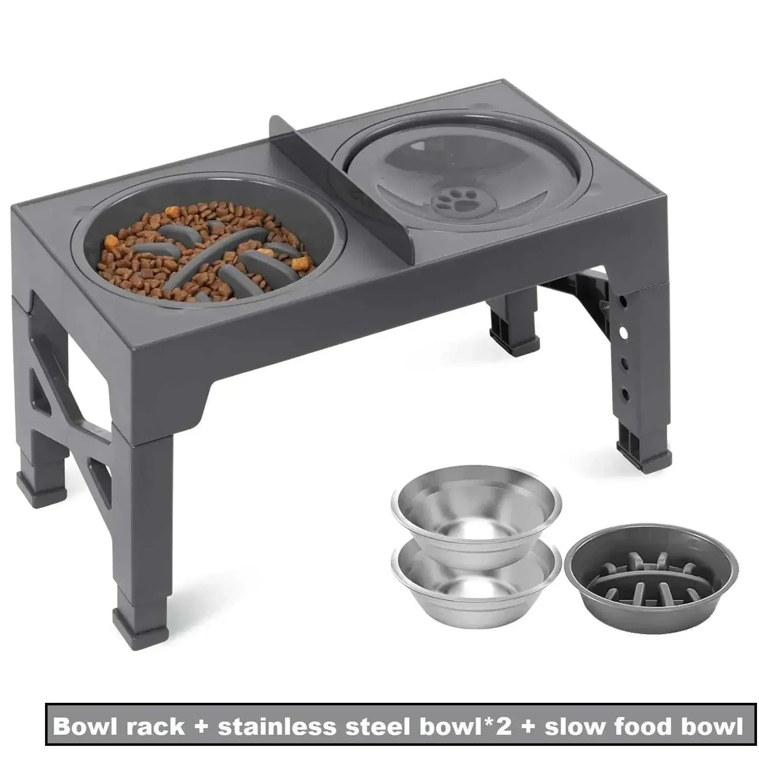 Gamelle surélevée réglable en inox pour chien avec 5 hauteurs, bols séparés et pieds antidérapants.