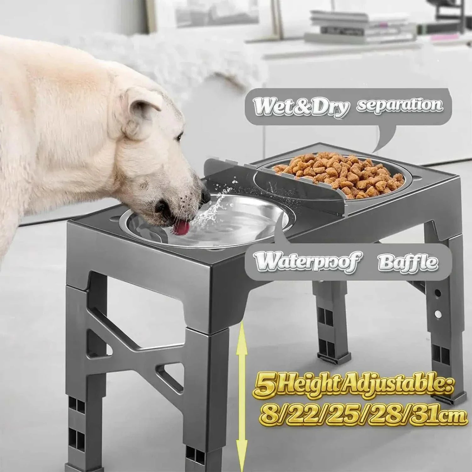 Gamelle surélevée réglable en inox pour chien avec 5 hauteurs, bols séparés et antidérapants.