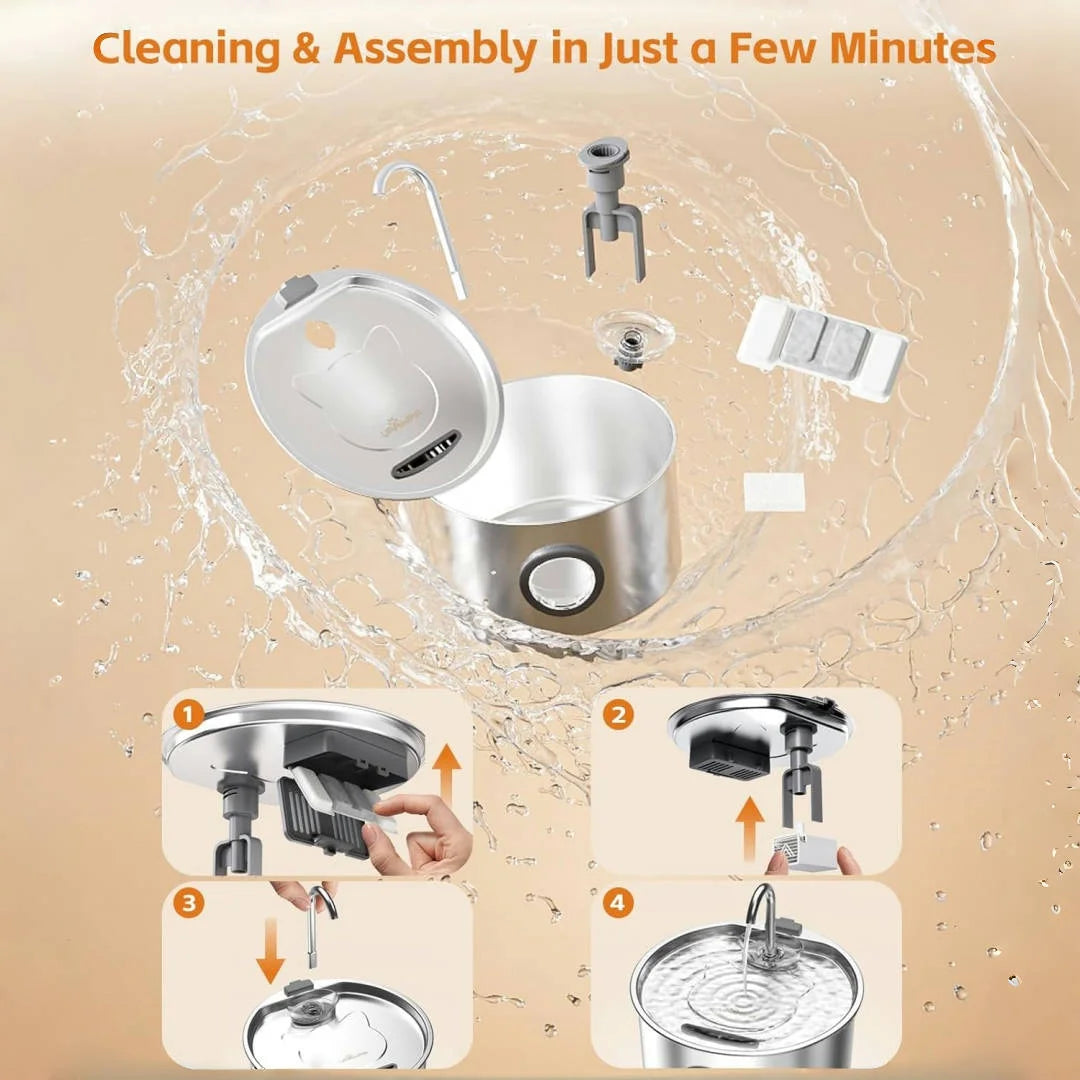 Fontaine à Eau Inox Chat & Chien 3,2L — Filtration Quadruple Ultra-Silencieuse | Petloria