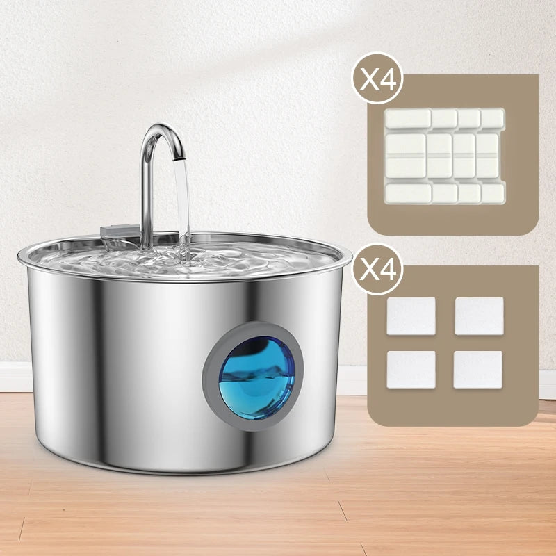 Fontaine à Eau Inox Chat & Chien 3,2L — Filtration Quadruple Ultra-Silencieuse | Petloria
