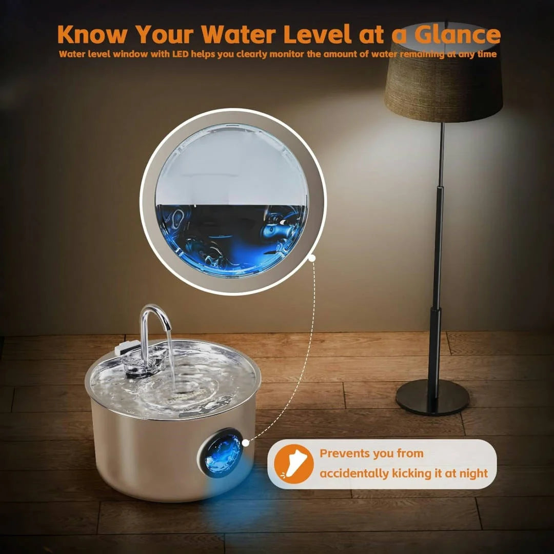 Fontaine à Eau Inox Chat & Chien 3,2L — Filtration Quadruple Ultra-Silencieuse | Petloria