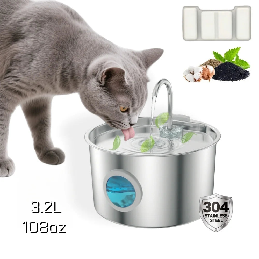 Fontaine à Eau Inox Chat & Chien 3,2L — Filtration Quadruple Ultra-Silencieuse | Petloria