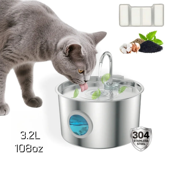 Fontaine à Eau Inox Chat & Chien 3,2L — Filtration Quadruple Ultra-Silencieuse | Petloria
