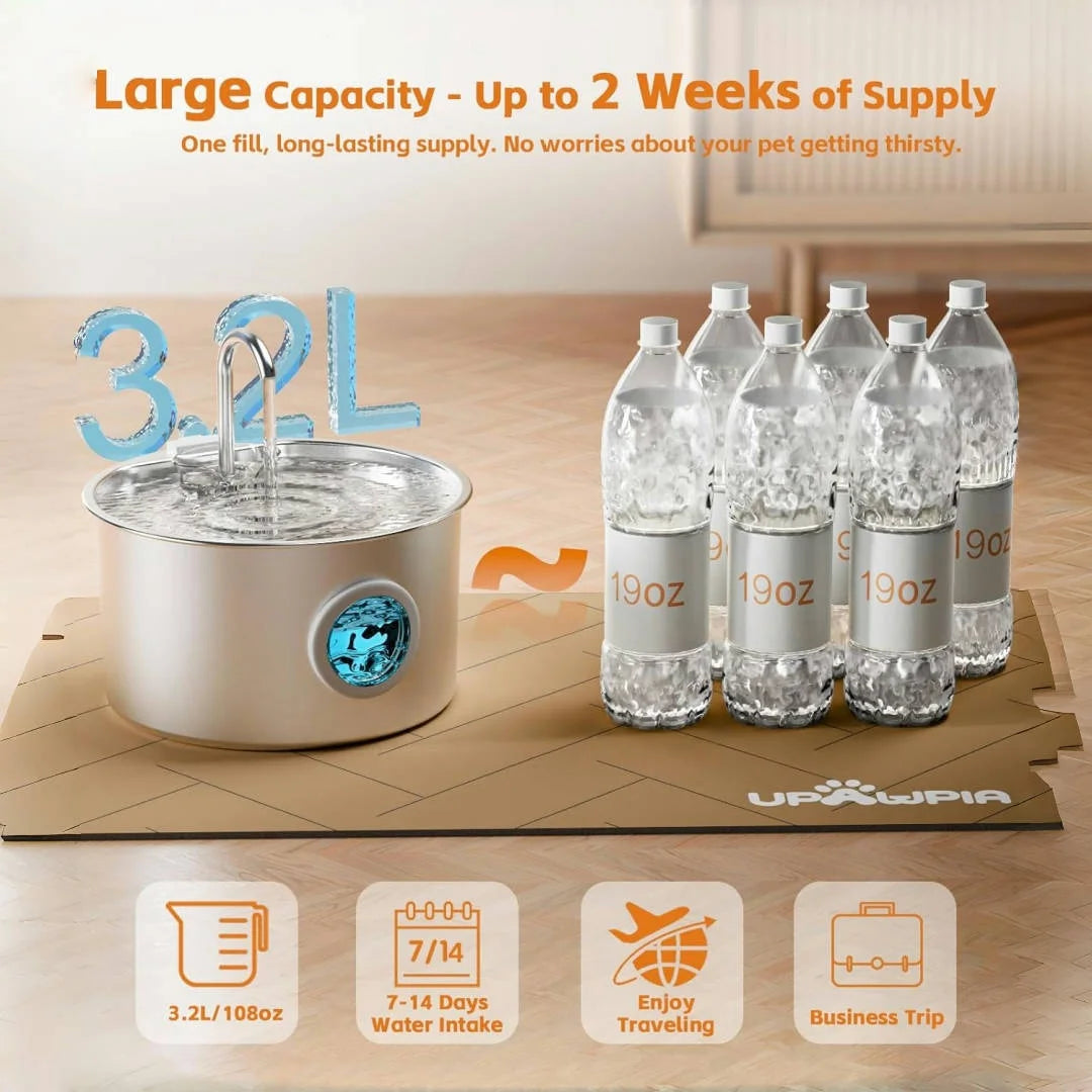 Fontaine à Eau Inox Chat & Chien 3,2L — Filtration Quadruple Ultra-Silencieuse | Petloria