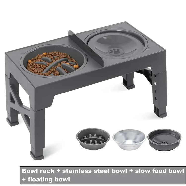 Gamelle surélevée réglable en inox pour chien avec 5 hauteurs, compartiments séparés et pieds antidérapants.