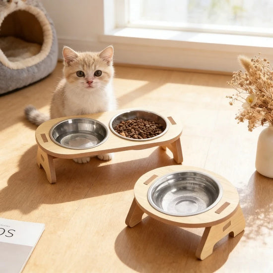 Gamelle en Bois Double Bol Anti-Renversement pour Chien & Chat