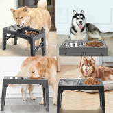 Gamelle surélevée réglable en inox avec 5 hauteurs pour chien, design pliable et stable avec bols séparés.