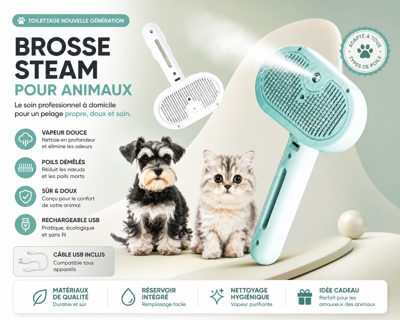 Brosse Vapeur Anti-Poils™ pour Chiens & Chats