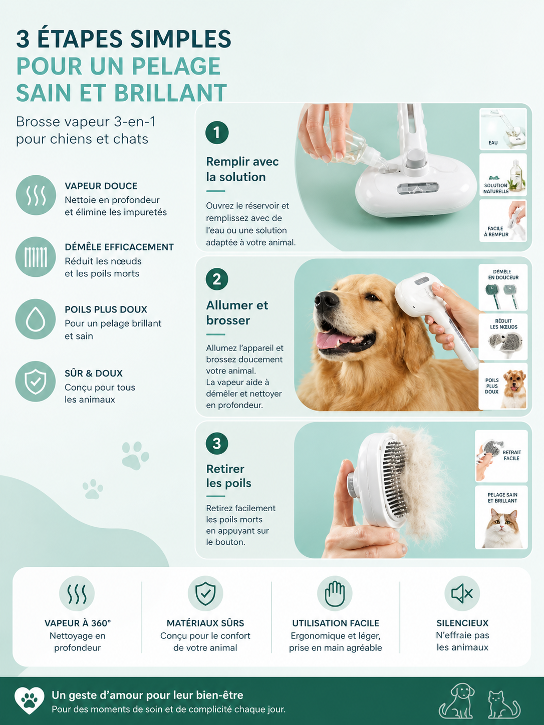 Brosse Vapeur Anti-Poils™ pour Chiens & Chats